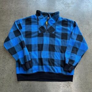 Vintage 90s Le Tigre Blue Plaid Size Medium Fleece Quarter Zip Crewneck